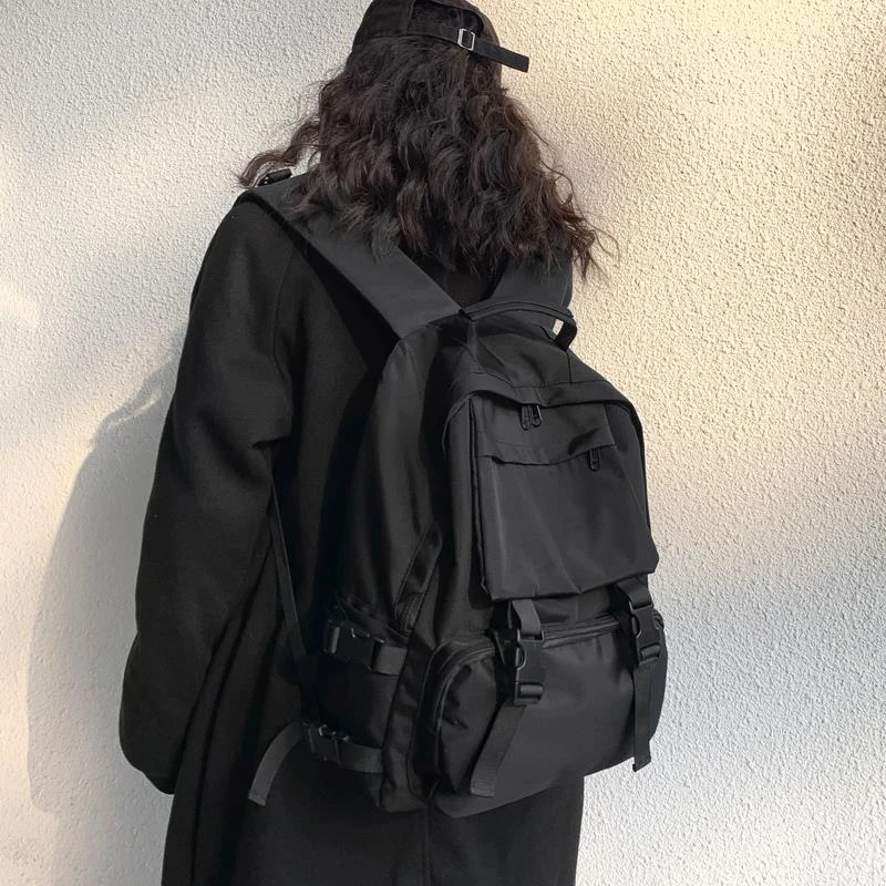 潮牌工装风大容量书包女学生韩版ins背包纯黑色百搭大学生双肩包