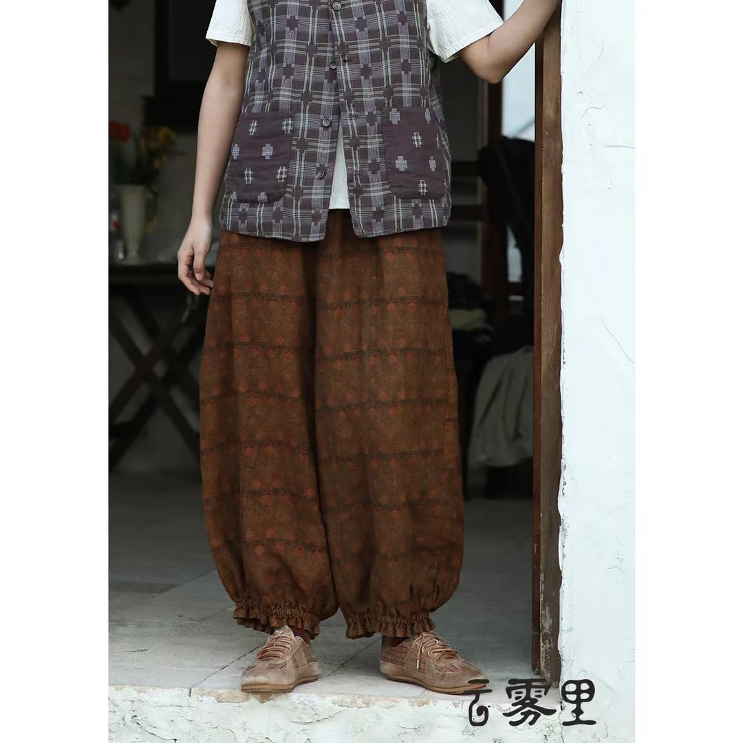 素朴布衣云雾里5035复古文艺松弛感随性恣意宽松印花纯亚麻裤子