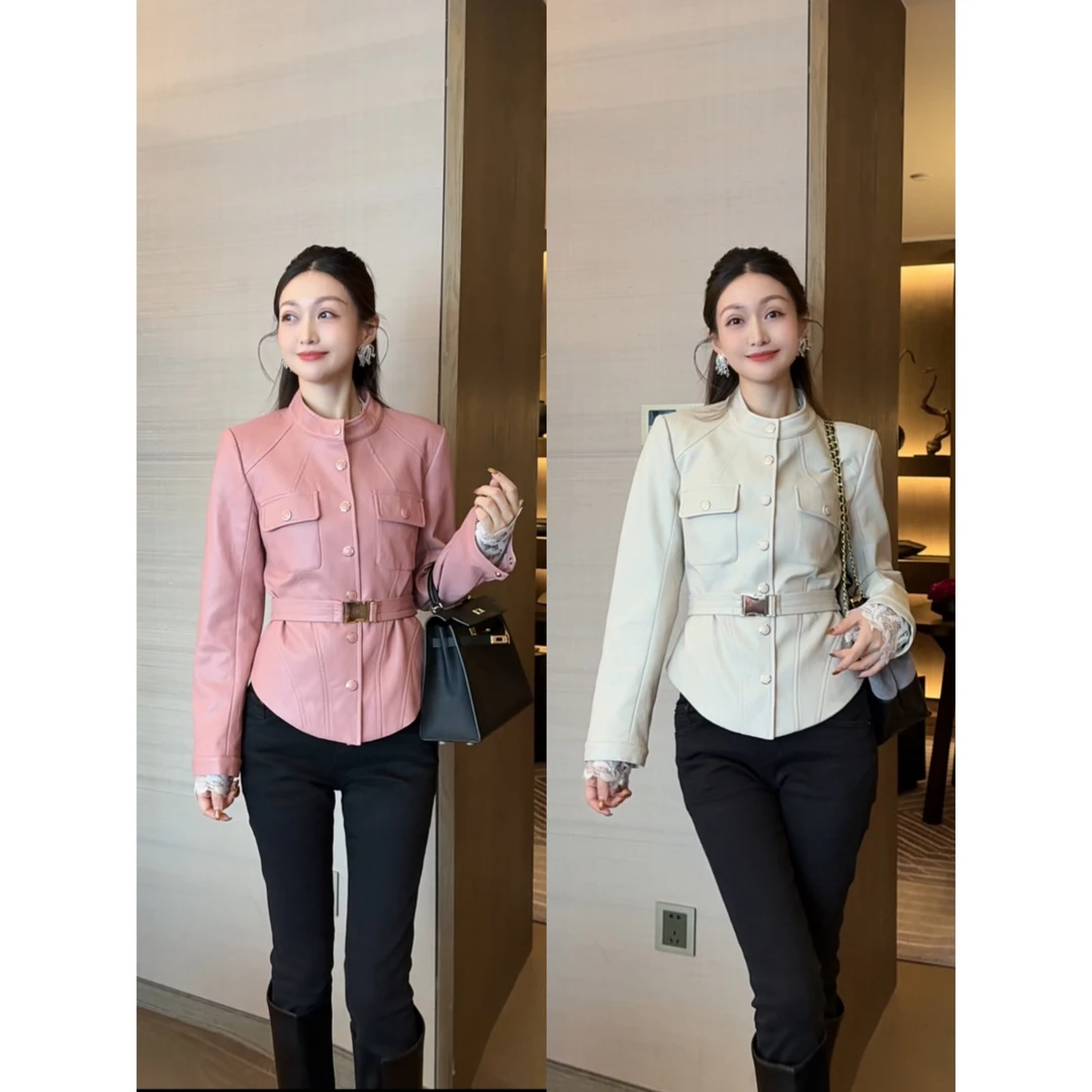 W·HAHA【现货】【时尚主编】高端简约夹克收腰立领皮衣外套52613