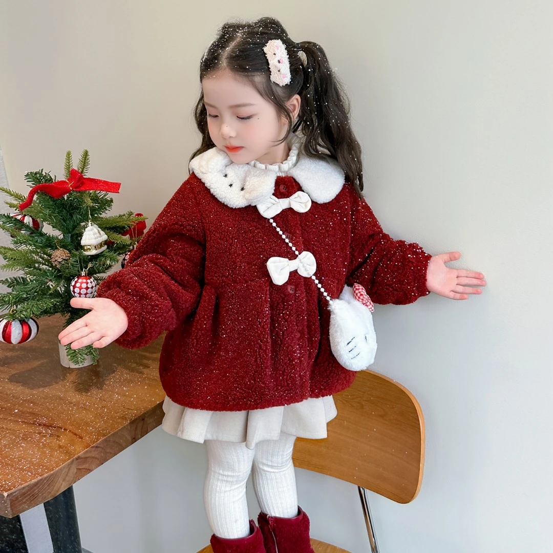 女童加厚毛毛衣秋冬季2025新款洋气宝宝加绒外套儿童冬装保暖上衣