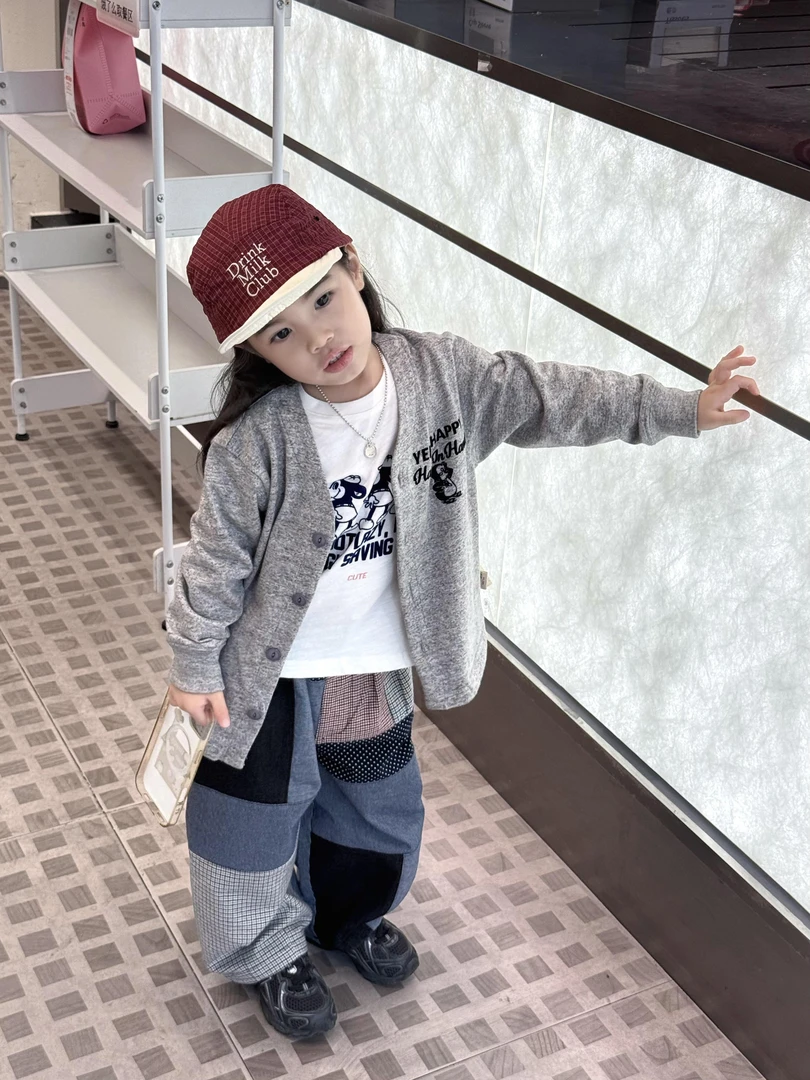 《小思家》2025早秋新款童装企鹅开衫外套老鼠印花打底衫拼接裤套装