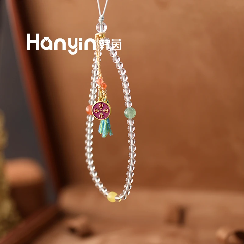 高定通透白水晶搭配南红国风彩绘圆饼流苏水晶挂件