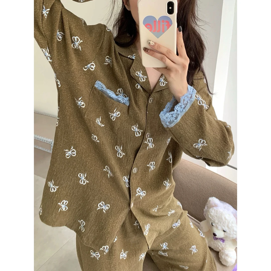 2025新款睡衣女法式甜美蝴蝶结蕾丝长袖高级感家居服套装可外穿