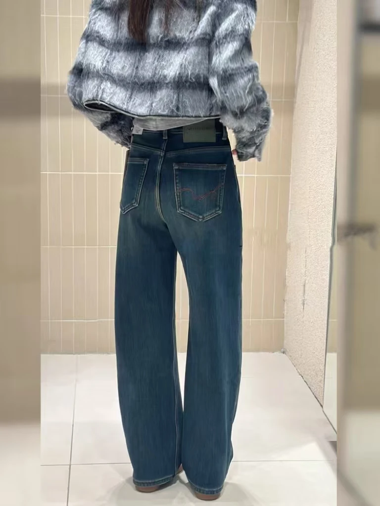 SU【100】代98 愫萌 MWMA加绒直筒裤植绒一体绒高腰蓝色显瘦阔腿裤·