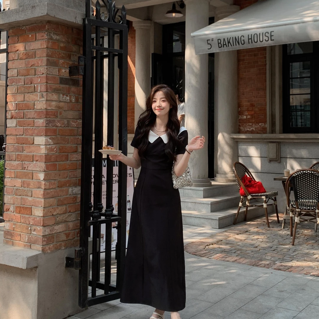 Even一雯【优雅主义】韩系高智感法式优雅撞色一字肩收腰显瘦连衣裙