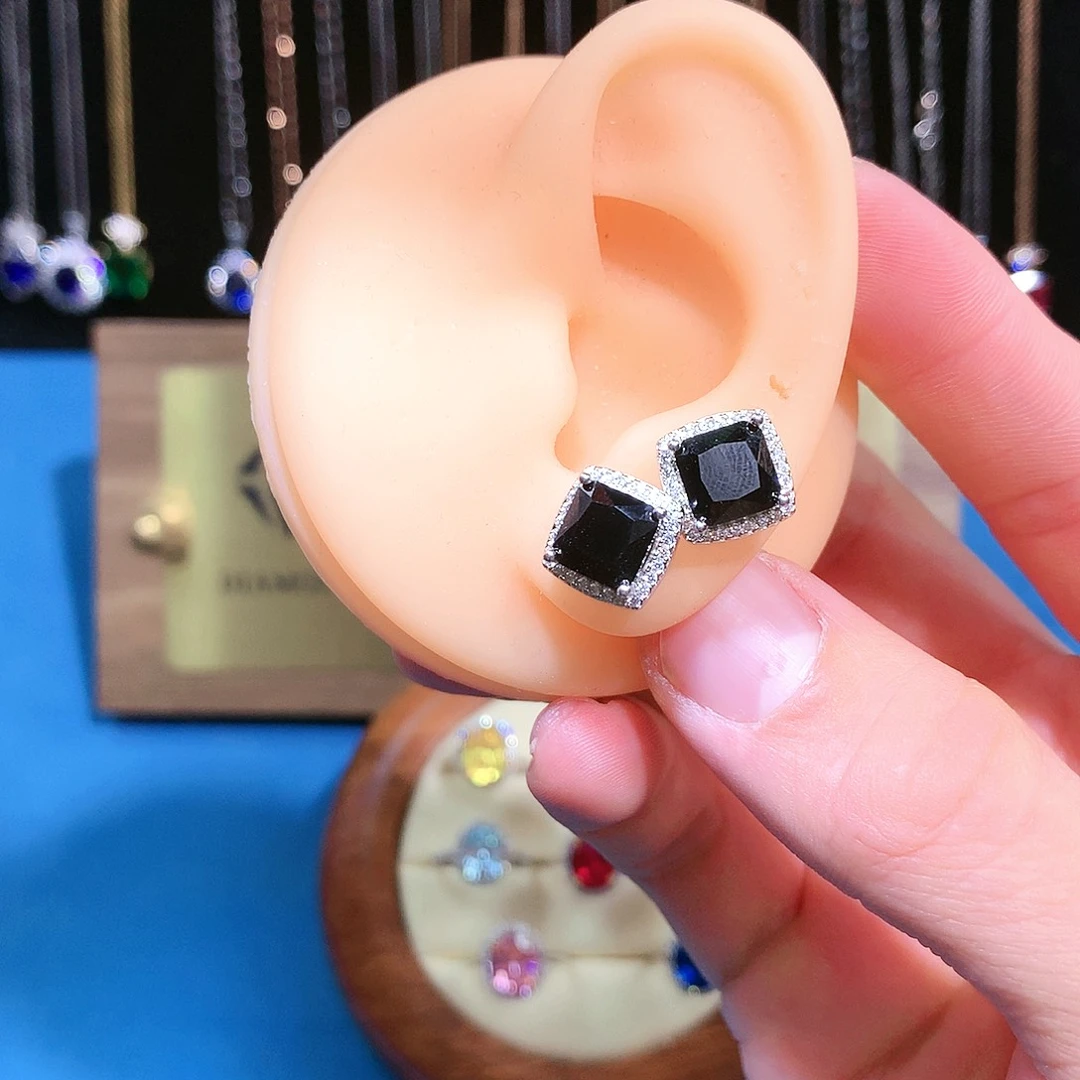 蓝宝石耳饰银S925镶嵌