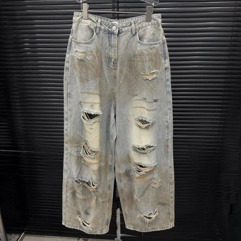 宽松破洞夏季美式阔腿裤牛仔裤高街水洗直筒高腰女浅蓝色新款202