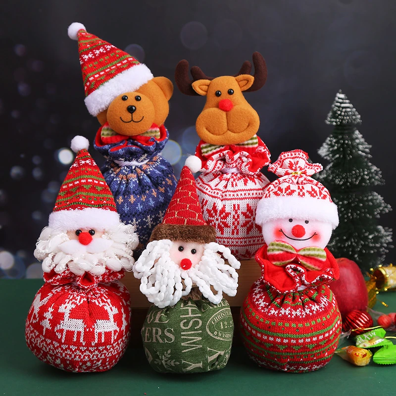 儿童圣诞装饰针织苹果袋老人麋鹿毛线糖果袋礼品袋平安夜礼物袋盒
