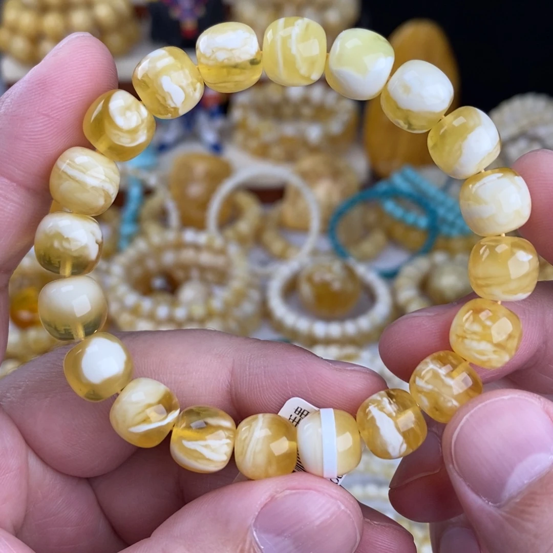 蜜蜡未镶嵌手链金瓷白溶洞妖花10.6mm高桩