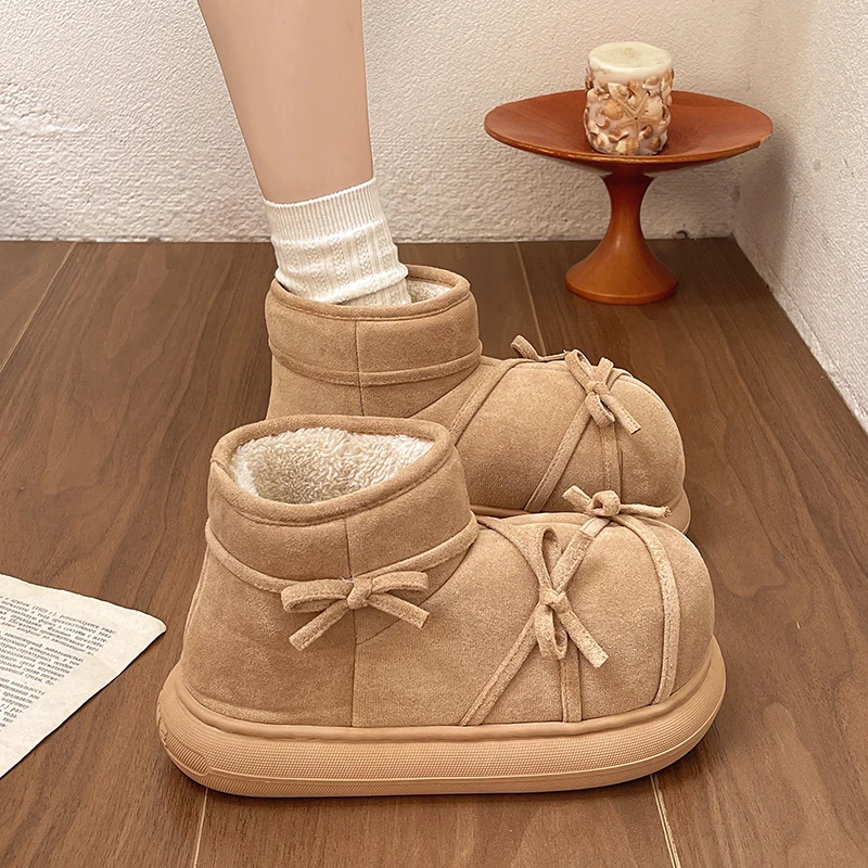 加绒加厚雪地靴女2025新款冬季厚底增高百搭保暖蝴蝶结棉鞋面包鞋