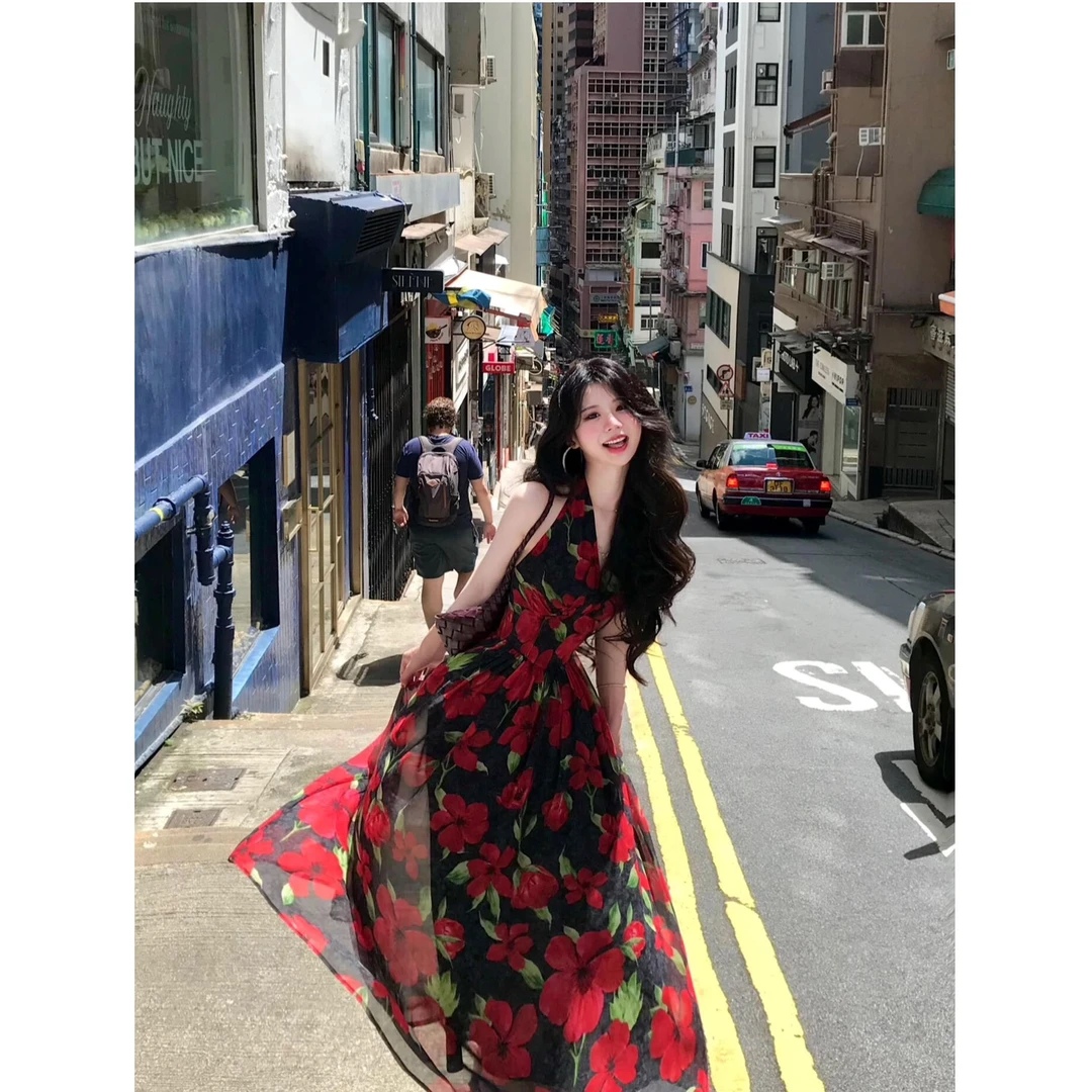 夏季法式时尚气质海滩度假风复古印花连衣裙女修身长裙