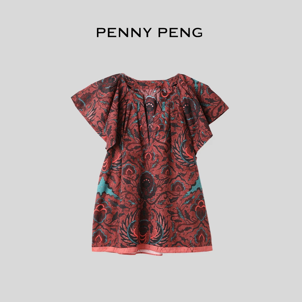 PENNYPENG新古典主义恋夏风红色洋气小众休闲风百搭气质印花上衣