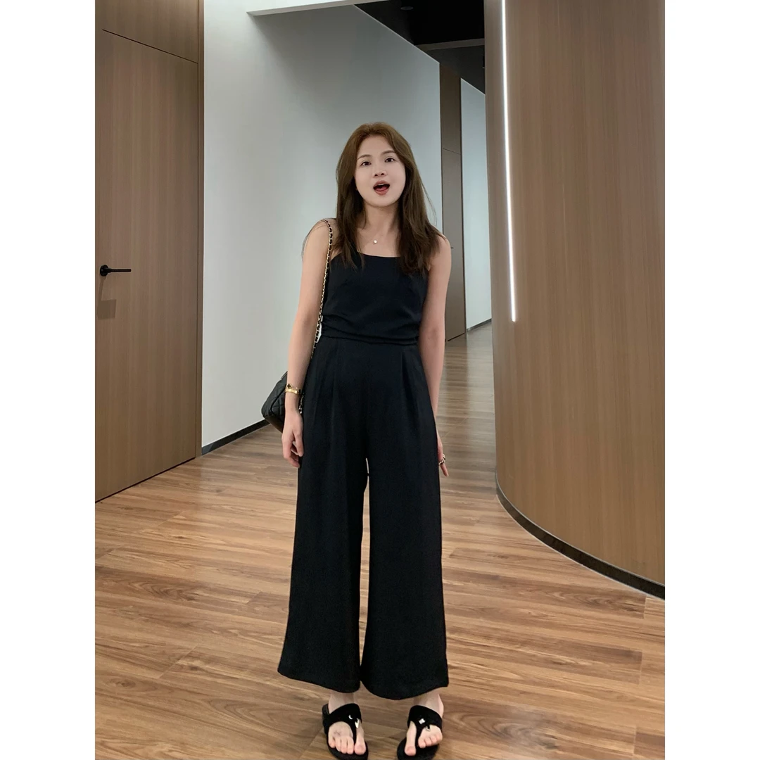 【折扣】YO定制夏季遮肉高腰九分连体裤气质时髦感吊带阔腿裤