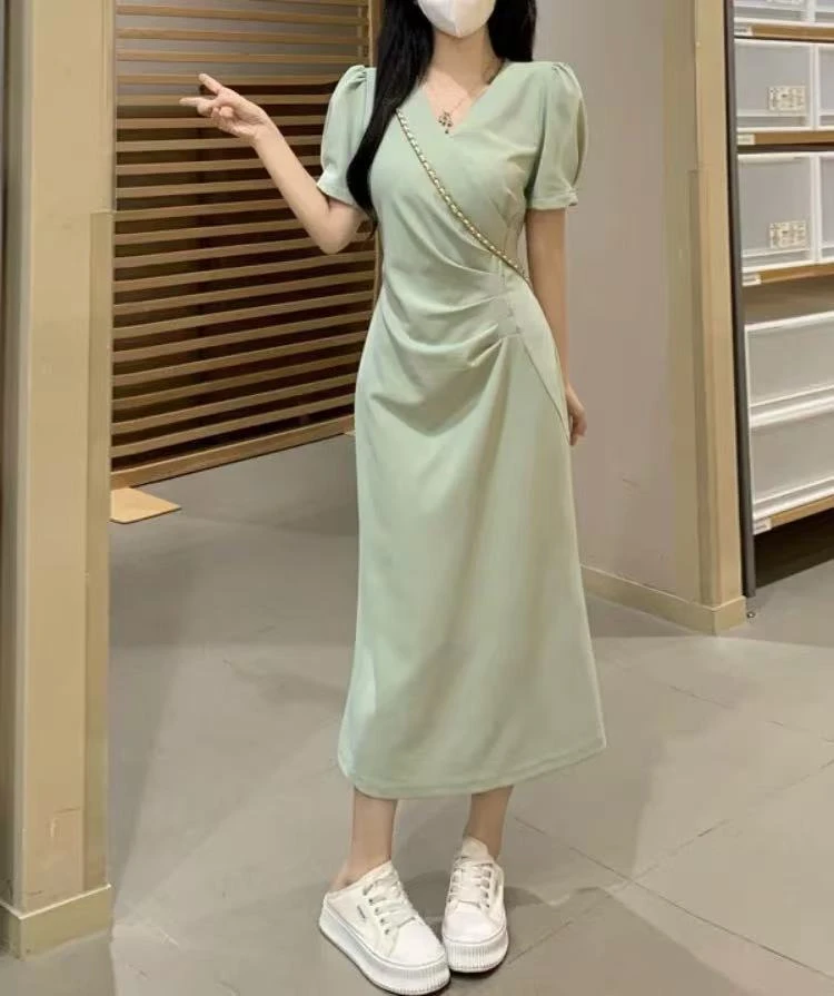 0542#腰部褶皱收腰款连衣裙女短袖显瘦时尚气质百搭收腰遮肚夏季