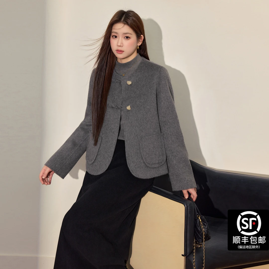 蓝语大码胖mm时尚气质灰色双面呢上衣冬季新款小香风羊毛呢子外套