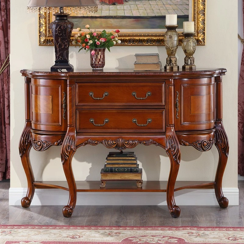 美式实木玄关柜半圆走廊过道靠墙窄柜入户轻奢简约门厅客厅置物柜