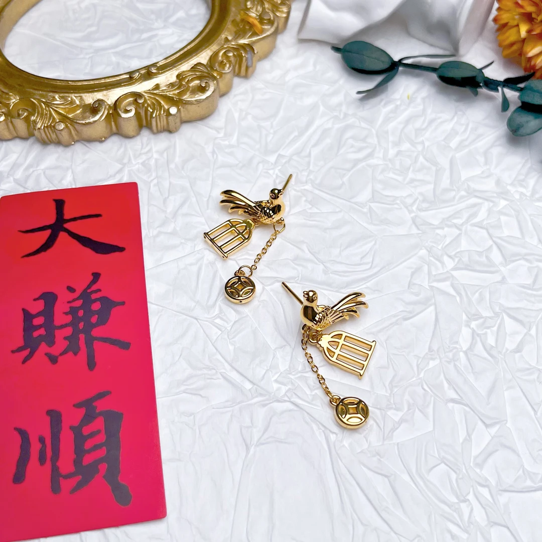 足金999黄金5D无氰工艺百灵鸟耳钉