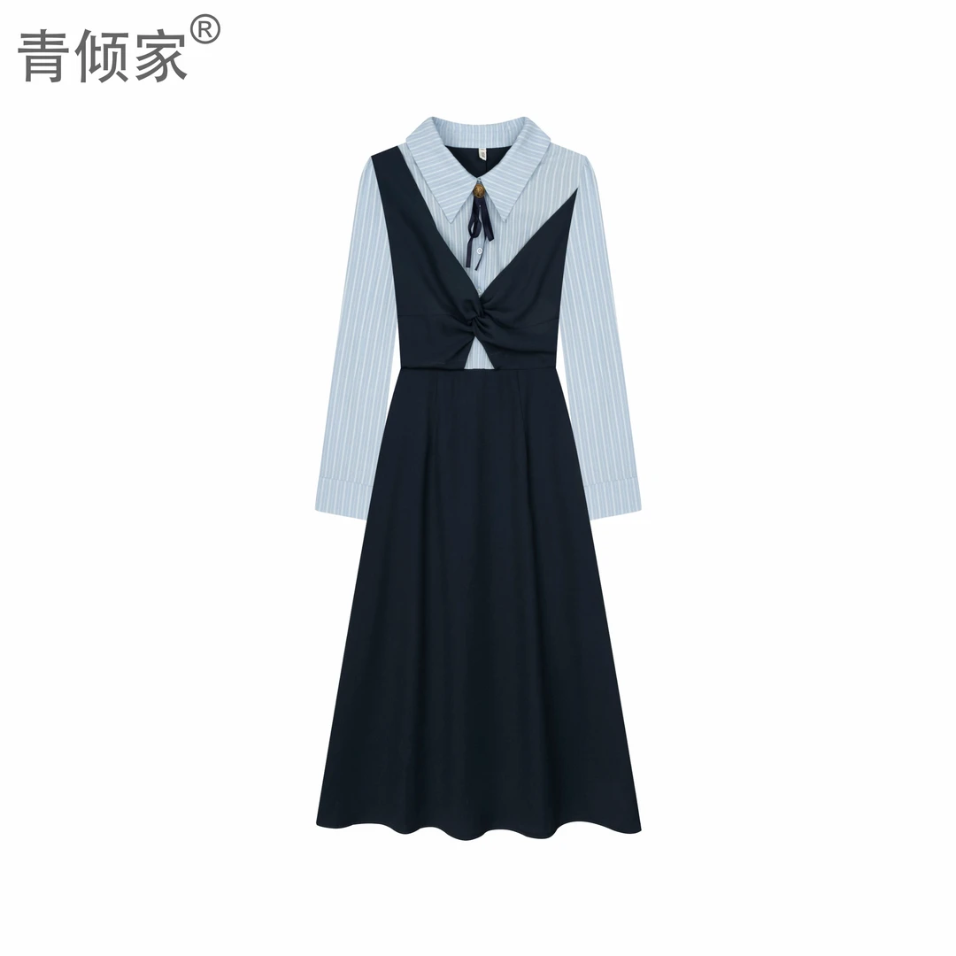 青倾家【仲夏晚风】春季新款韩版胖mm显瘦假两件连衣裙