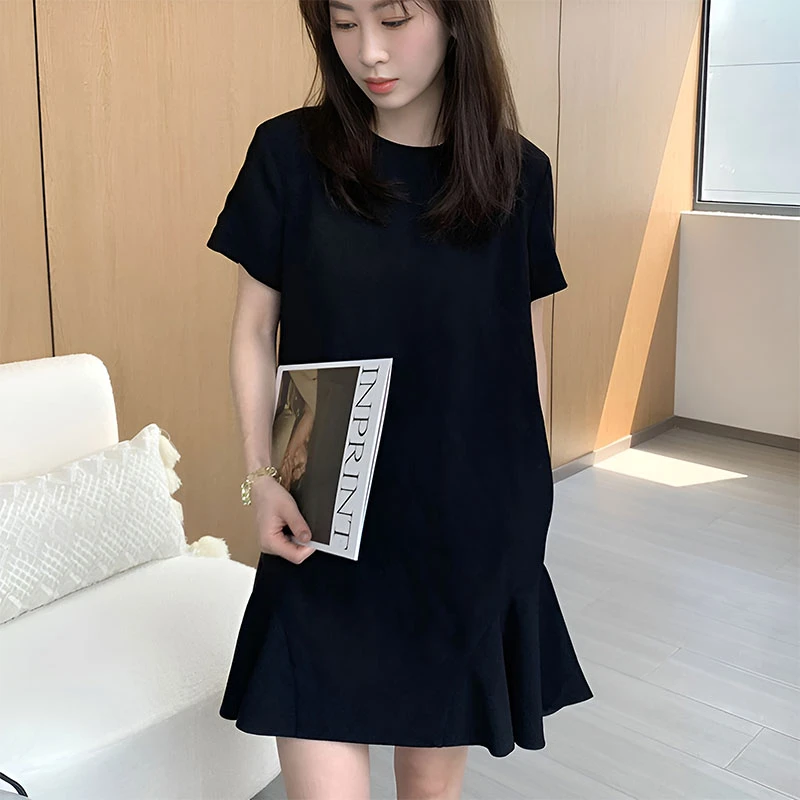法式轻奢荷叶边短袖圆领拼接连衣裙女2025新款夏季宽松A字短裙女