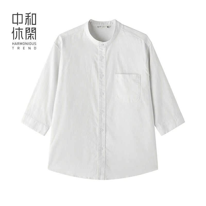 中和休闲立领休闲衬衫男2025夏季棉麻单口袋通勤半袖衬衣透气舒适