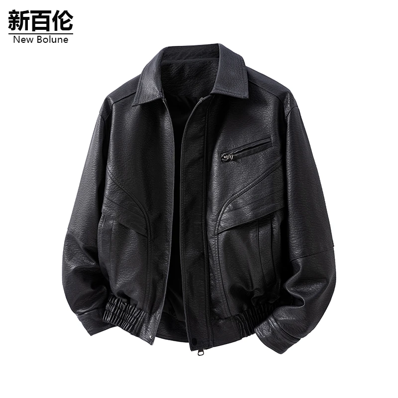 新百伦/NEW BOLUNE美式翻领夹克男秋季新款潮牌宽松长袖外套皮衣