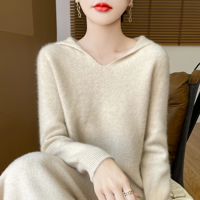 精致慵懒感~100纯羊毛衫V领帽衫时尚厚款减龄百搭洋气针织衫女