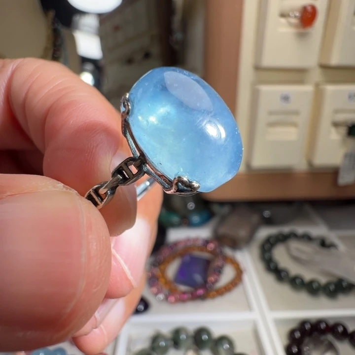 戒圈海蓝宝石银S925镶嵌天然海蓝宝石