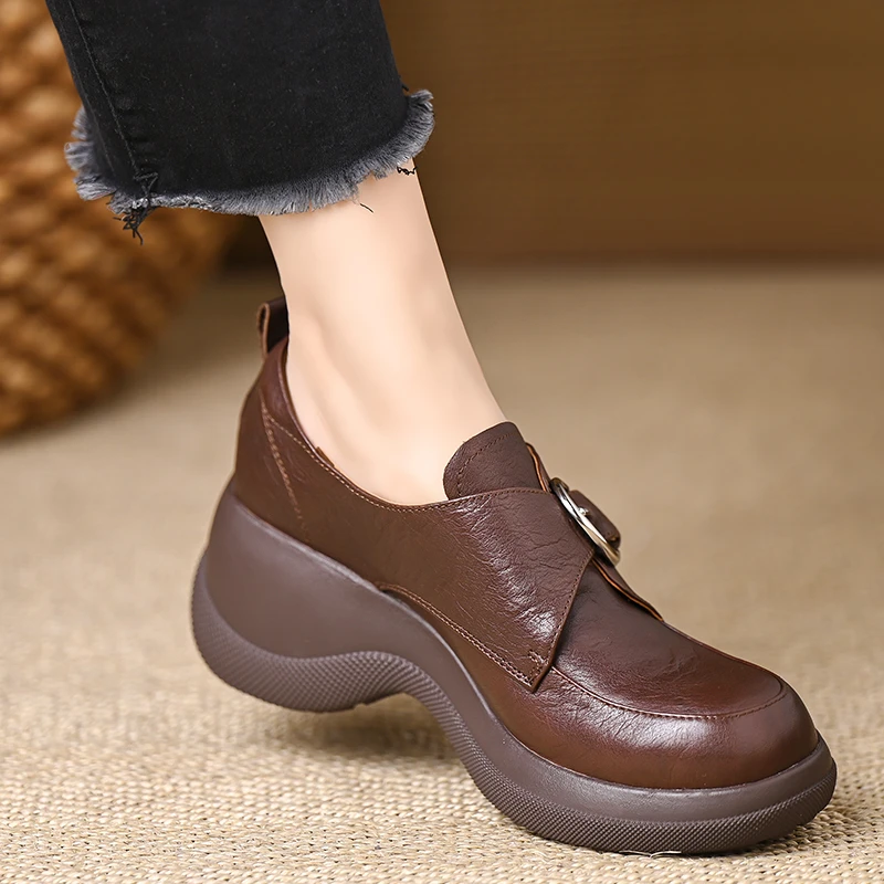 轩玥情女鞋6.5cm软牛皮厚底深口单鞋女休闲圆头一脚蹬坡跟高跟鞋