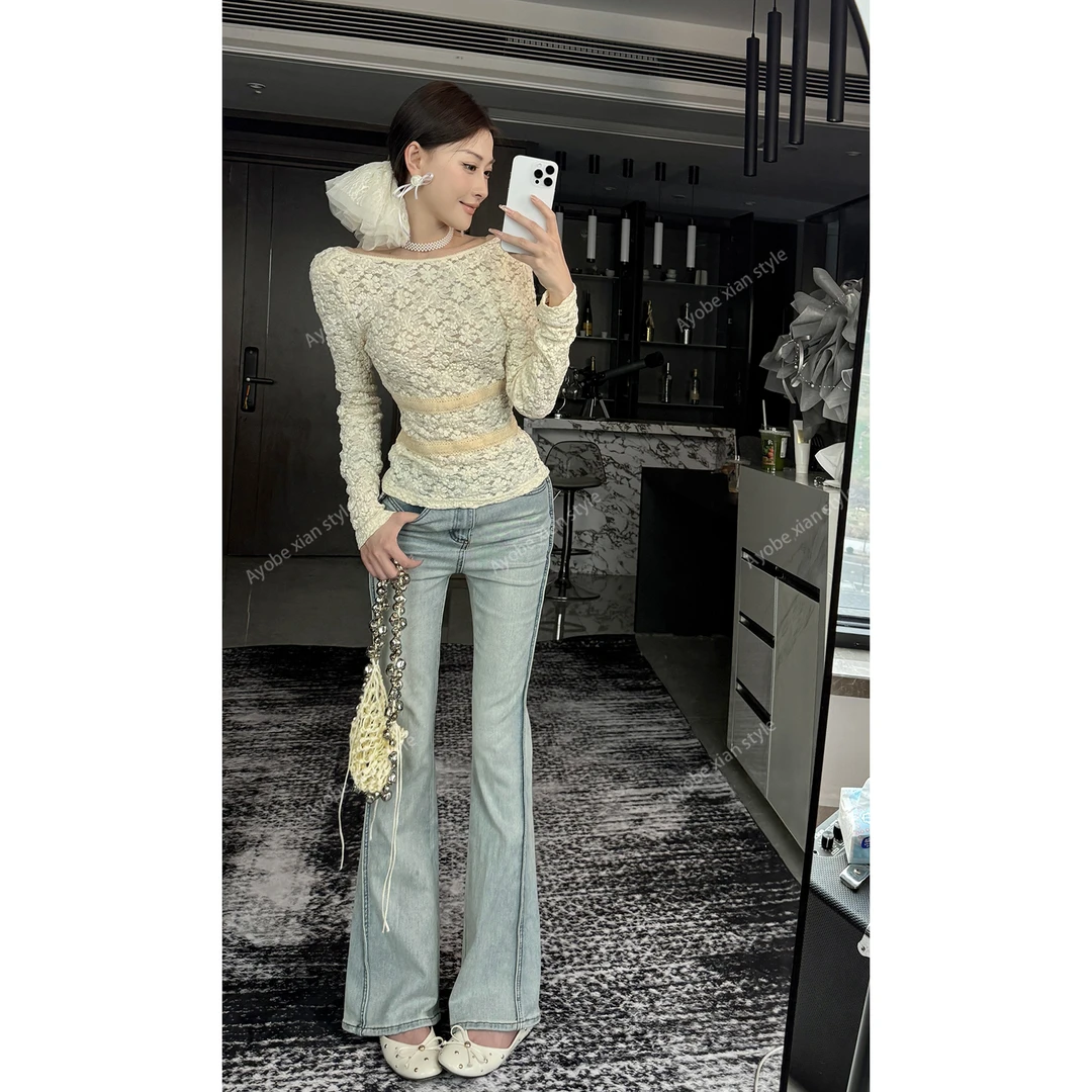 AYOBE小贤/巨显瘦！时尚单品水洗做旧侧边压线修饰腿型喇叭牛仔裤