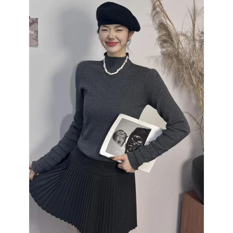 25385#326#秋冬木耳边长袖毛衣加厚针织衫女高领打底衫内搭外穿