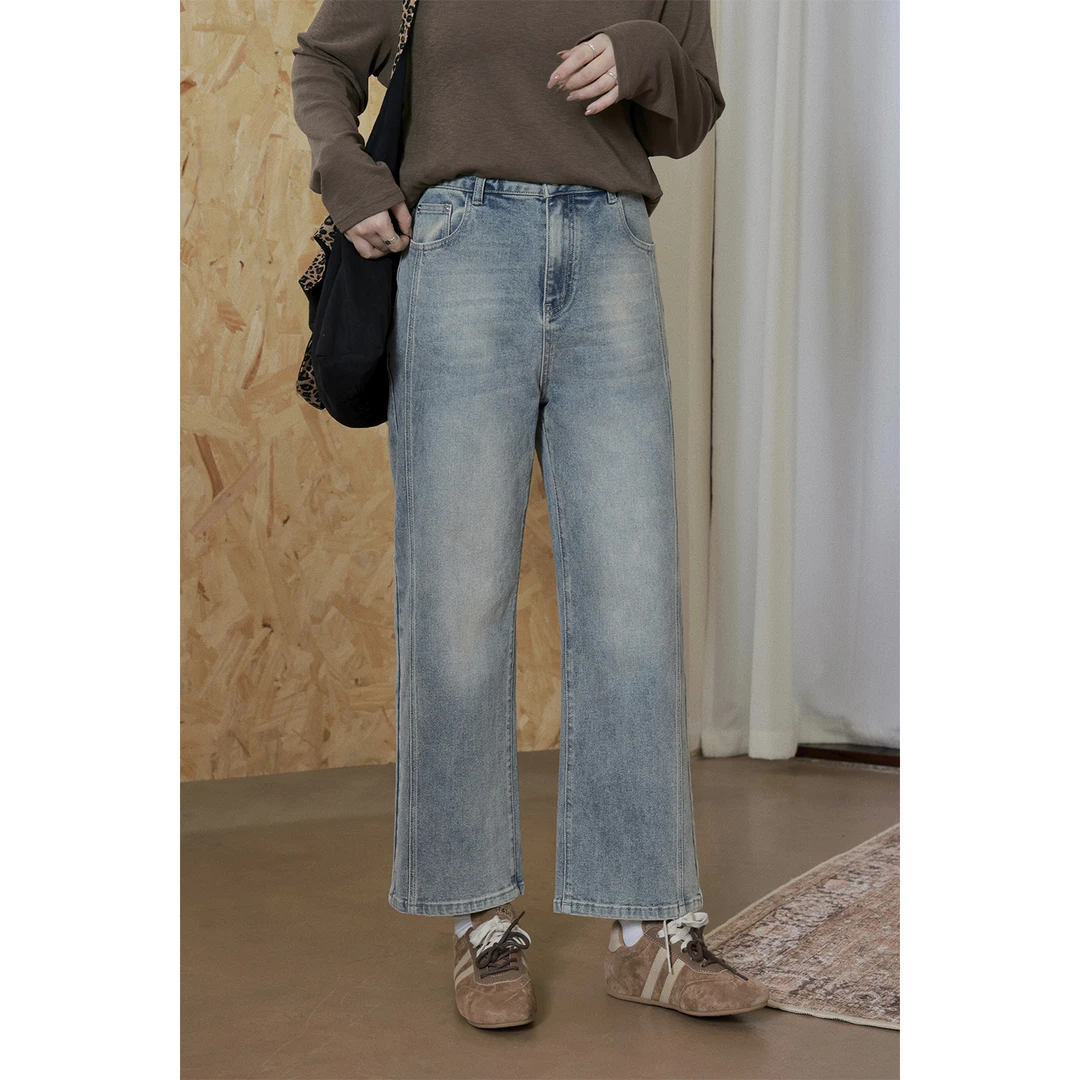 现货0300D大婉酱微胖定制【帕丁顿灰调】直筒牛仔裤高腰休闲九分裤