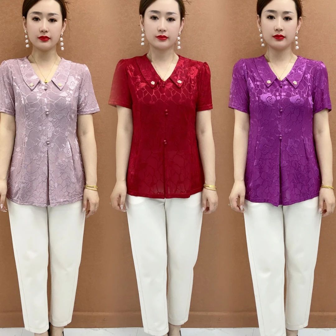 夏季气质新款打底小衫中年时尚遮肉显瘦洋气妈妈夏装短袖T恤上衣