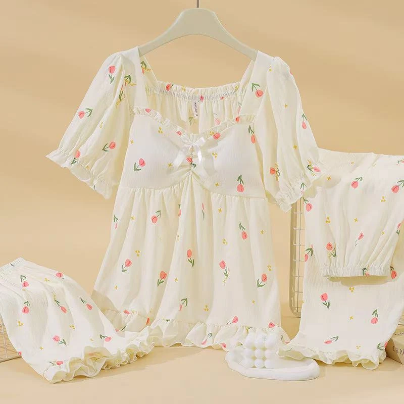 睡衣夏季薄款甜美小清新时尚宽松韩版三件套