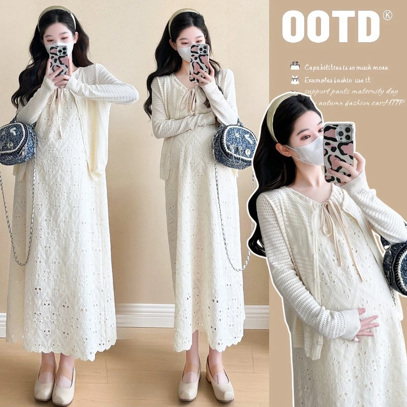 孕妇秋装2025新款套装时尚早春背心连衣裙早秋季棉蕾丝上衣两件套