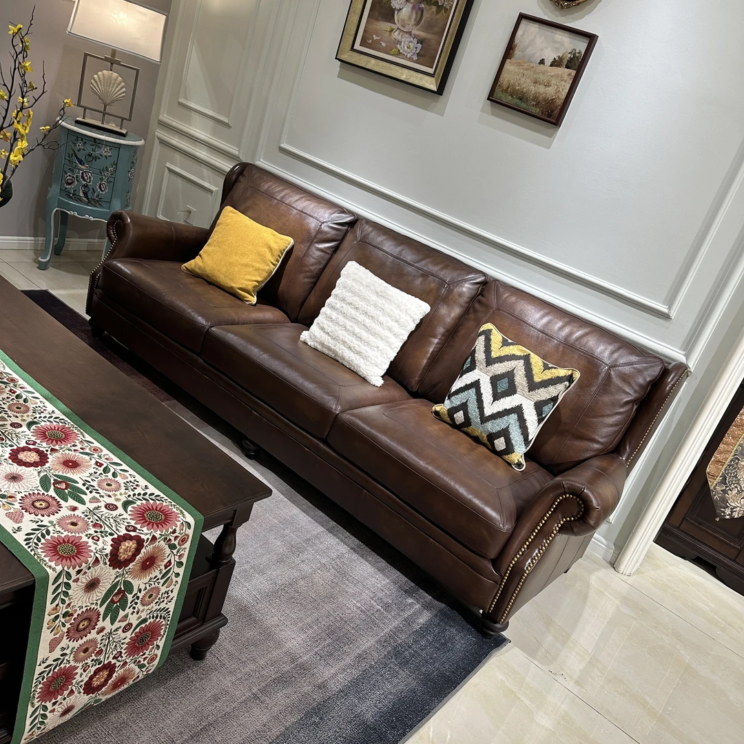 【品牌代工】DK8沙发美式风格沙发全头层牛皮材质美式皮沙发