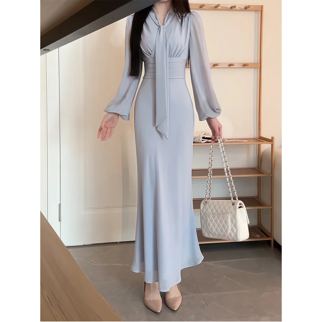 纯欲气质V领飘带长袖连衣裙女早秋新款收腰显瘦高级感包臀鱼尾裙