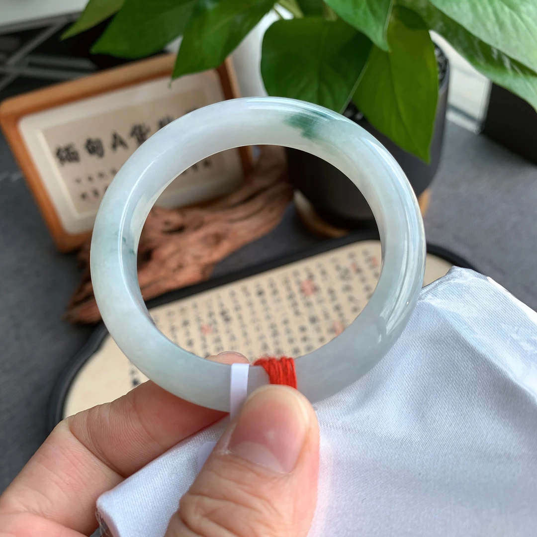 缅甸天然A货翡翠53-54圈口糯冰飘花正圈细腻手镯女款 125