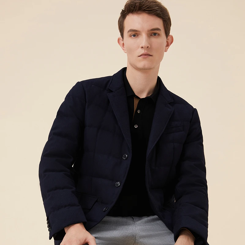 男士羊毛呢绒面羽绒服时尚简约修身商务休闲短款保暖立领