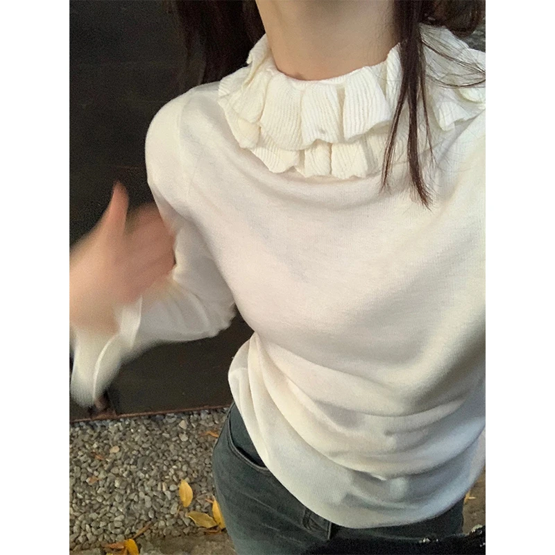 法式别致白色荷叶边针织打底衫女秋冬修身显瘦毛衣内搭长袖小上衣