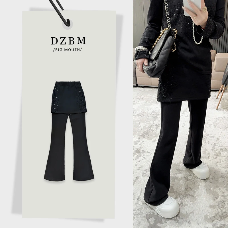 DZBM时尚重工烫钻拼接蕾丝百搭喇叭裤裙K1042