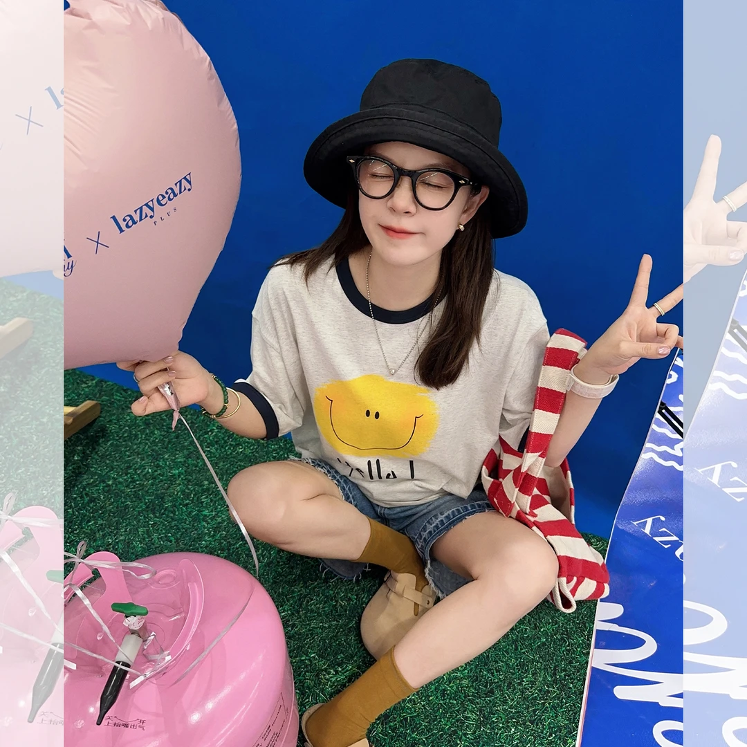 莉贝琳sisy笑脸T恤女全棉撞色印花休闲宽松百搭短袖S25206TS14