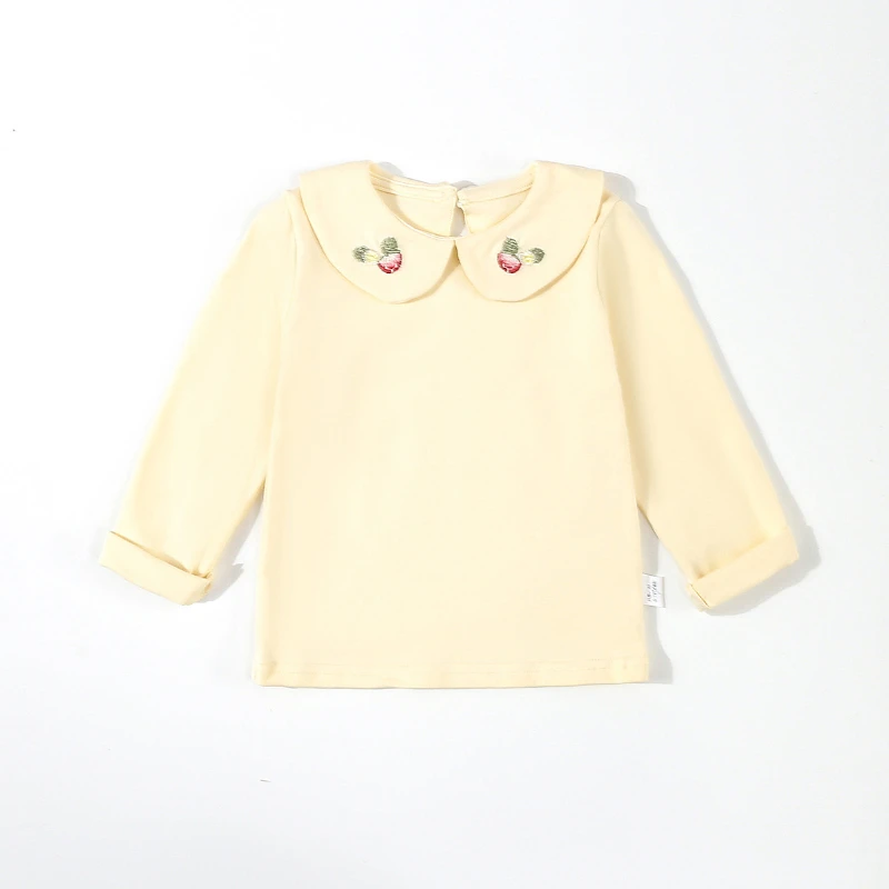 女童草莓绣花娃娃翻领打底衫2025新款春装上衣宝宝春秋休闲T恤