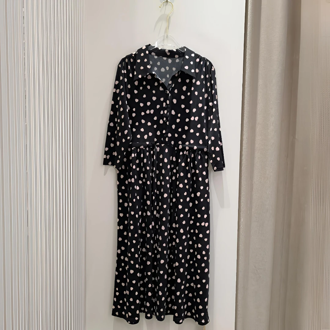 桑蚕丝重磅加捻针织翻领衬衫式碎花宽松连衣裙真丝连衣裙3795n