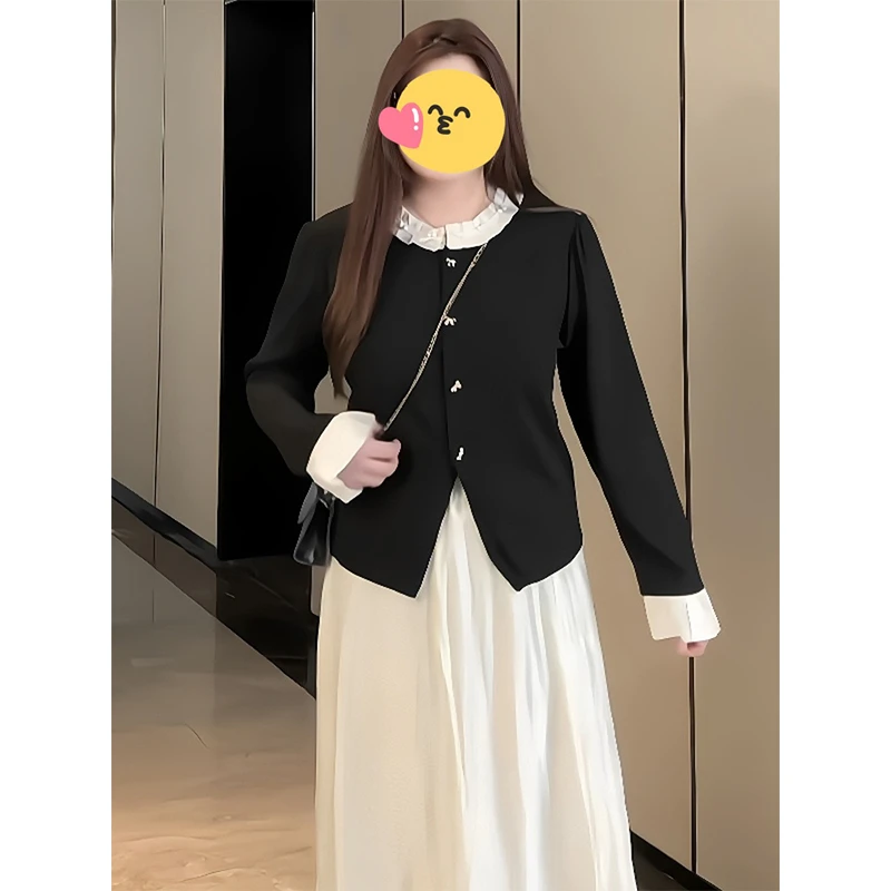 假两件开衫女大码2025秋季新款时尚洋气减龄撞色拼接正肩休闲上衣