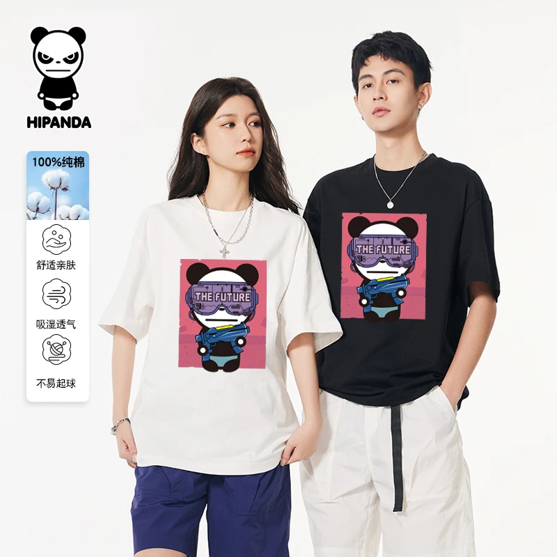 “你好熊猫”HiPanda新款夏季短袖T恤男潮流纯棉圆领宽松上衣打底衫