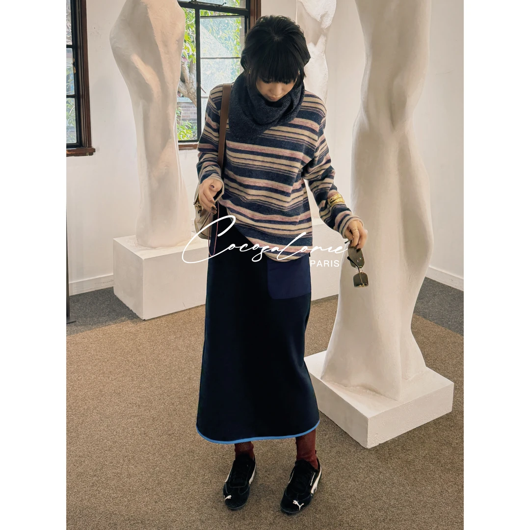 韩彬彬"短句裙"绵羊毛松紧腰撞色口袋设计百搭简约半身裙3254-8