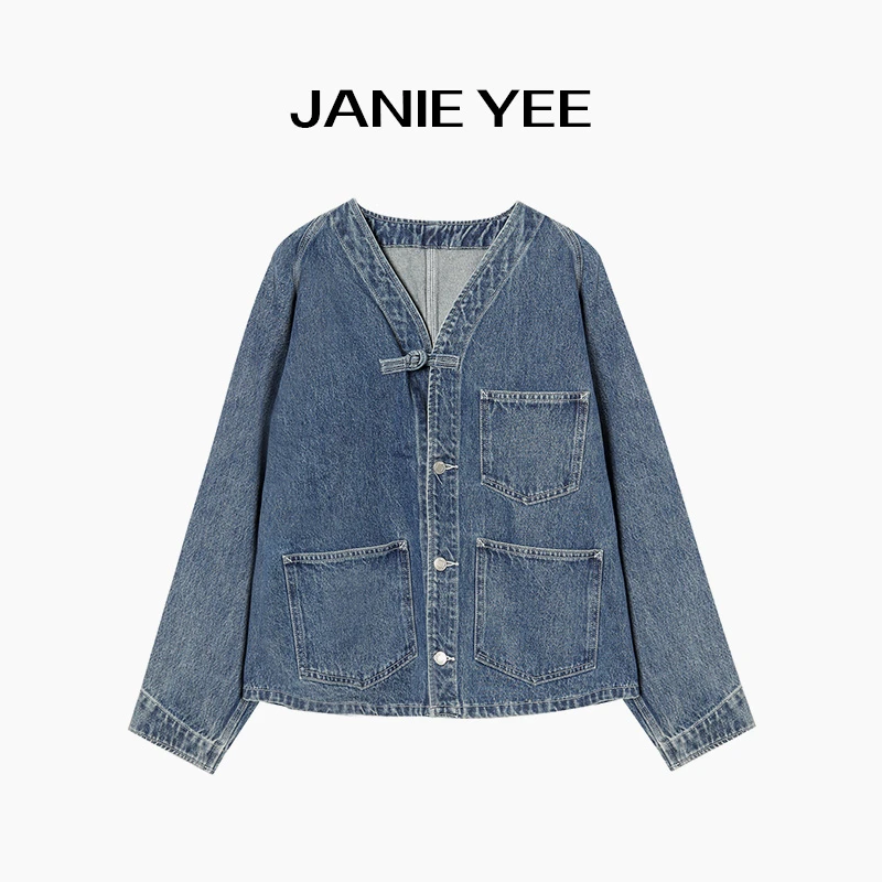 Janie Yee"中式丹宁"国风新中式宽松休闲衬衫短款牛仔外套25A0192