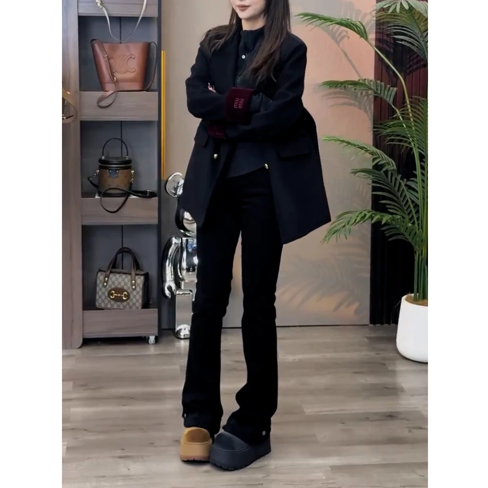 黑色微喇叭牛仔裤女2025秋冬加绒大码胖mm高腰弹力显瘦修身喇叭裤