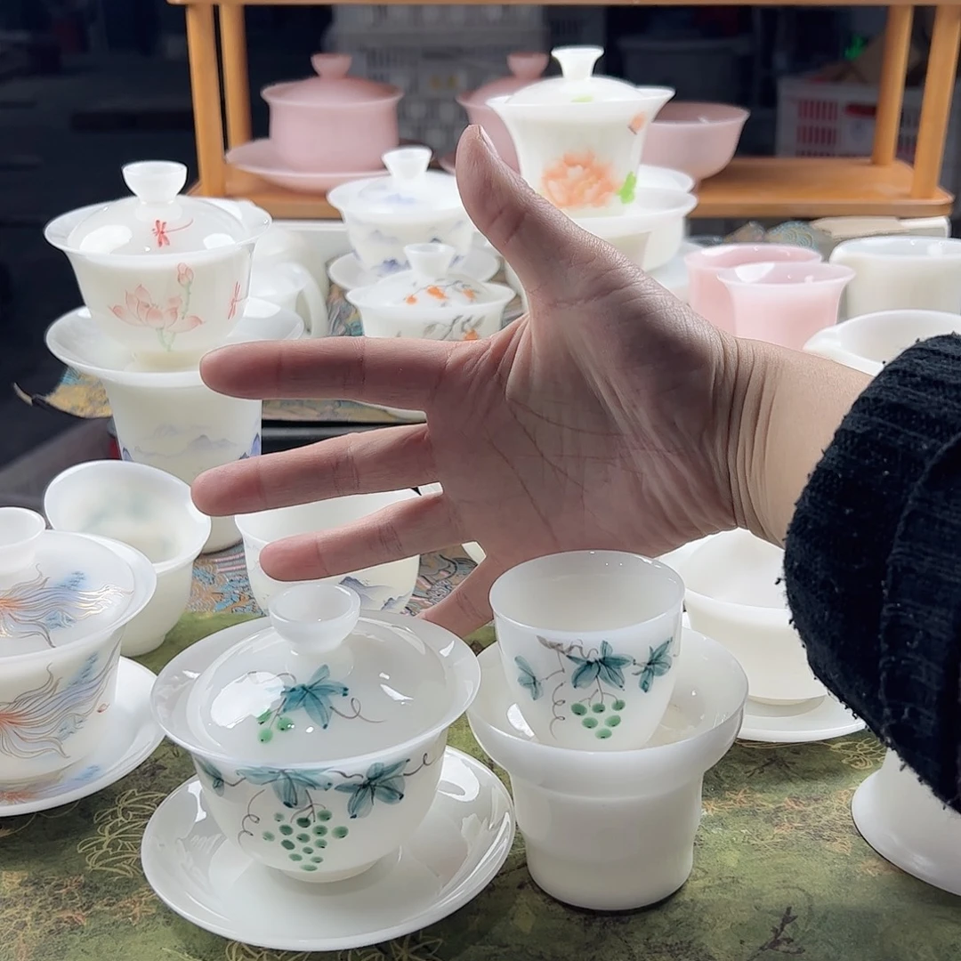 农***人璞玉釉下彩手绘盖碗葡萄+2个客杯+过滤组