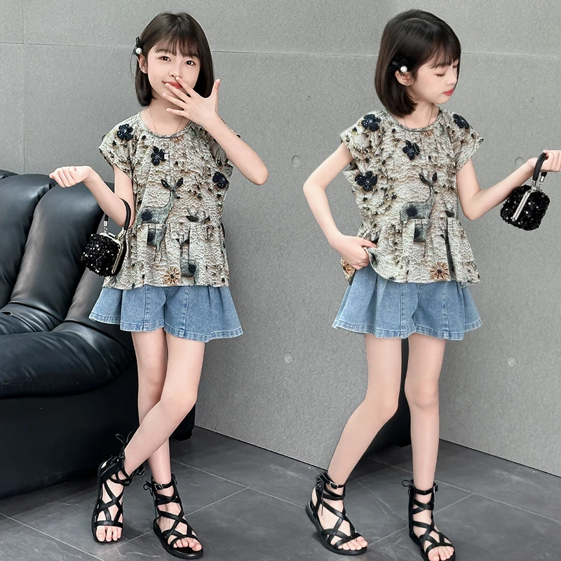 女童夏装套装2025新款洋气儿童装夏季短袖花边上衣牛仔短裙两件套